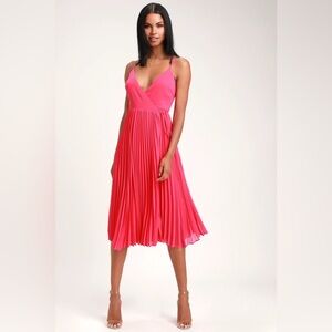 Lulus Fuschia Pleated Wrap Midi Dress NWT